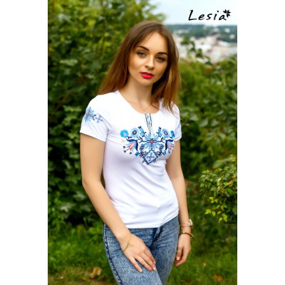 Embroidered t-shirt "Forest Song - Blue on White" maxi embroidery